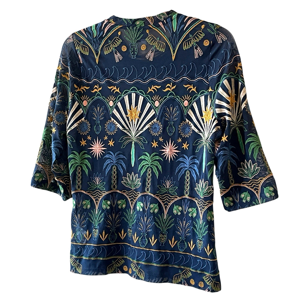 JADE by JOHNNY WAS Size Small Kaia Mesh Navy Del Mar Embroidered PulloverTop - Picture 9 of 13